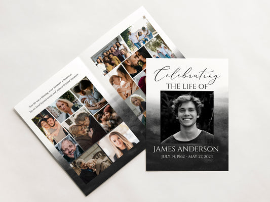 Celebration of Life 8 Page Black Watercolor Funeral Program Template, Black Watercolor Funeral Memorial Program, Obituary Program Template