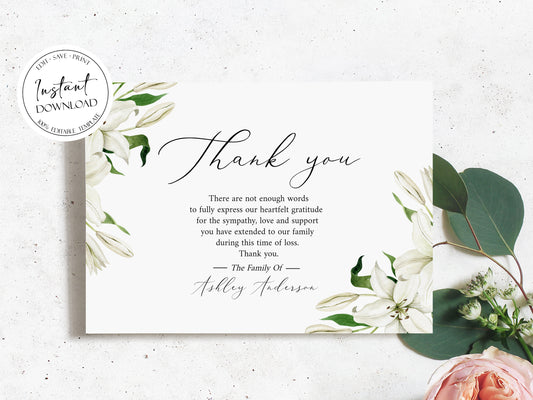 Celebration of life White Lilies Greenery Gold Funeral Thank you Card Template, Printable White Lilies Memorial Thank You Card Template Editable Sympathy Card