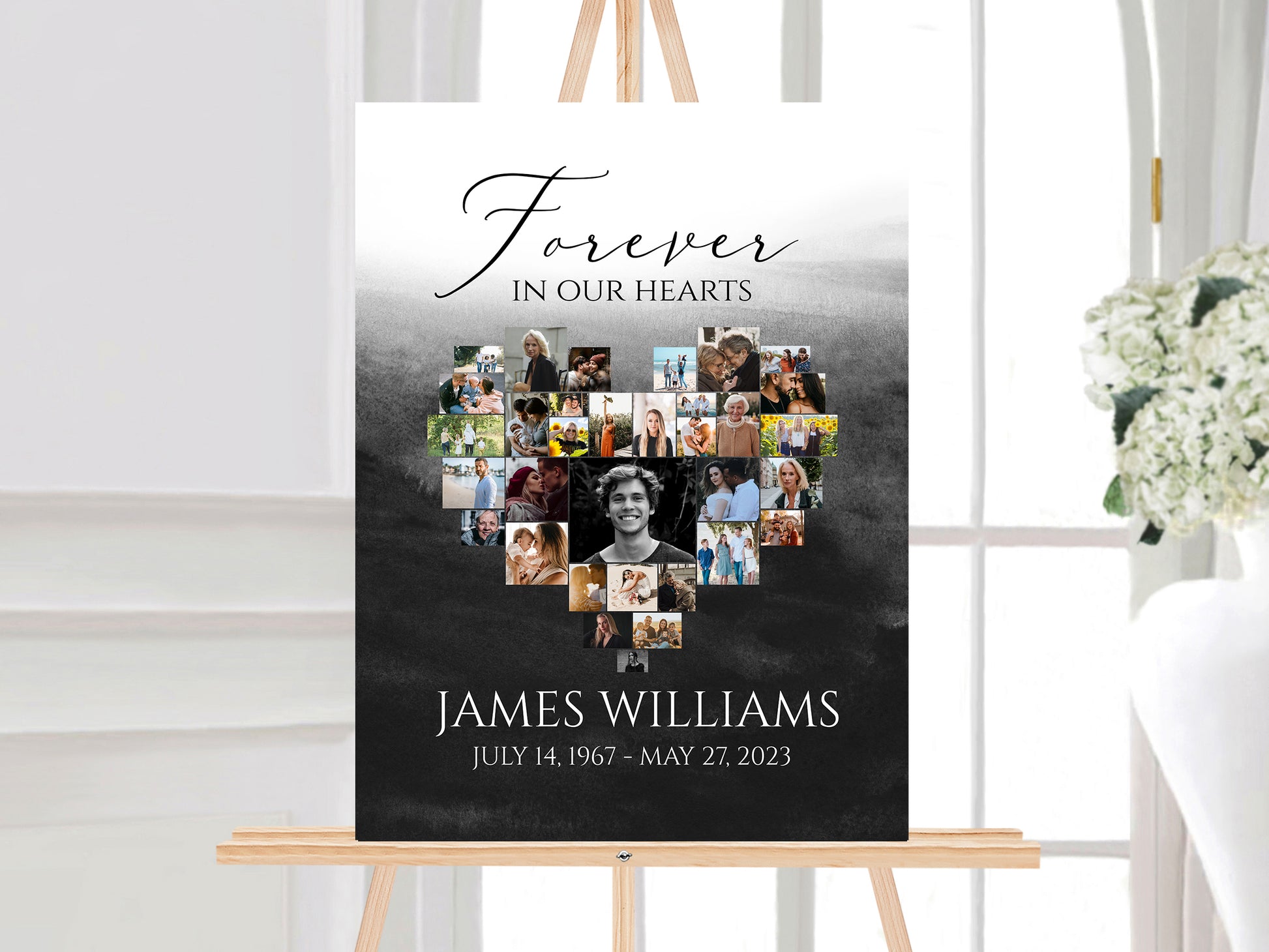 Forever in our Hearts Black Watercolor Heart Photo Collage Funeral Welcome Sign Template, Black Watercolor Heart Funeral Photo Collage Poster, Heart Memorial Sign