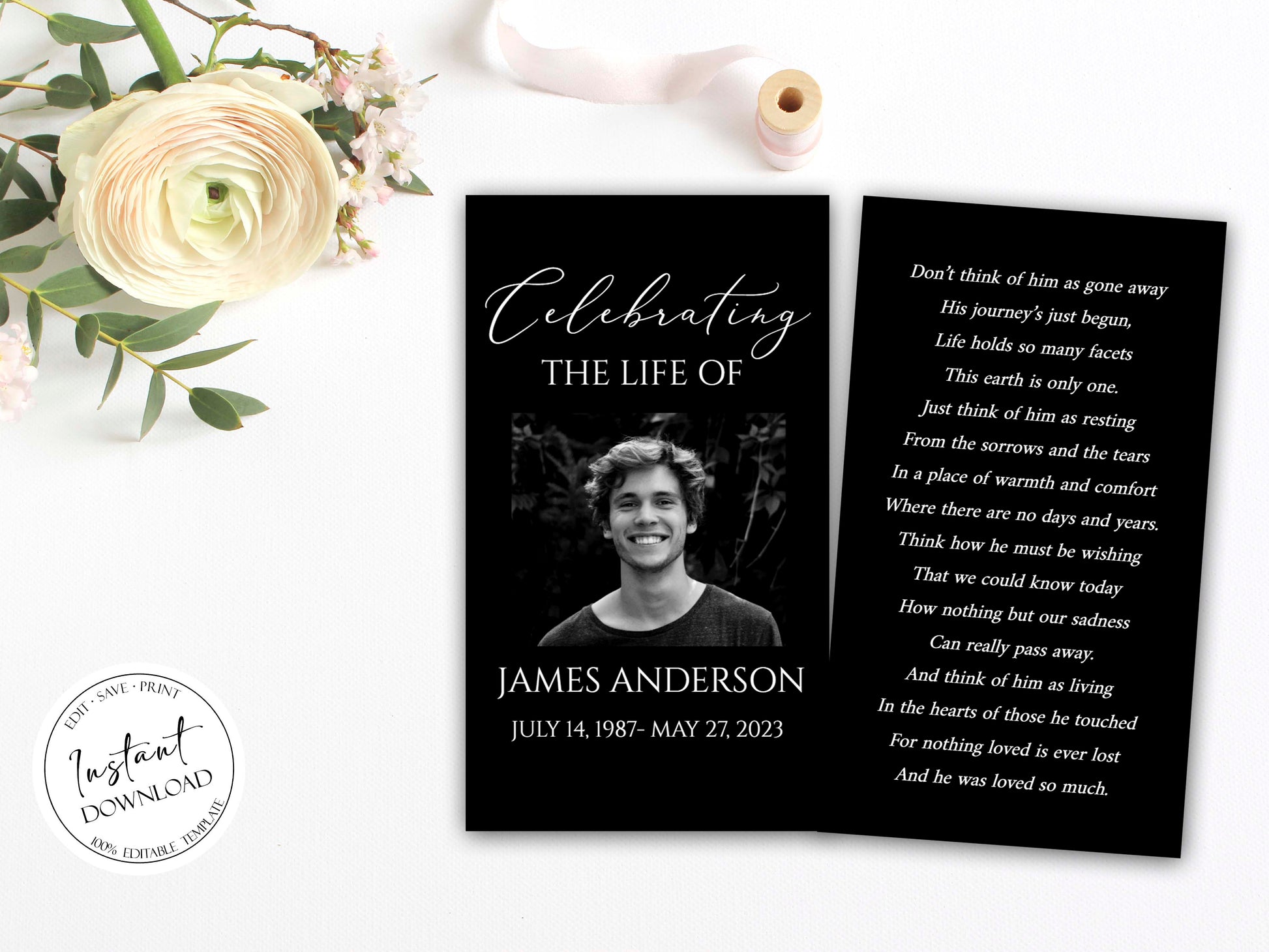 Celebration of Life Minimalist Elegant Black Funeral Prayer Card Template, Printable Memorial Prayer Card, Catholic Mass Card, Black Obituary Card B7