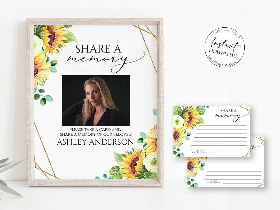 Celebration Of Life Sunflower Share a Memory Funeral Sign and Share a Memory Card Template, Funeral Memory Card, Sunflower Funeral Card Template