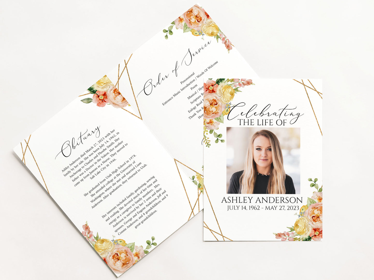 Celebration of life Elegant Yellow Pink Floral Funeral Program Template, Elegant Floral Funeral Program Template, Elegant Yellow Pink Floral Memorial Program