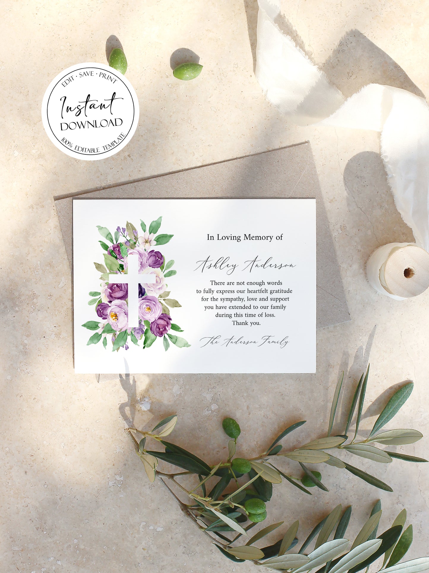 In Loving Memory of Funeral Thank You, Memorial Card, Printable Purple Cross Funeral Thank You Card Template, Editable Sympathy Card, P1