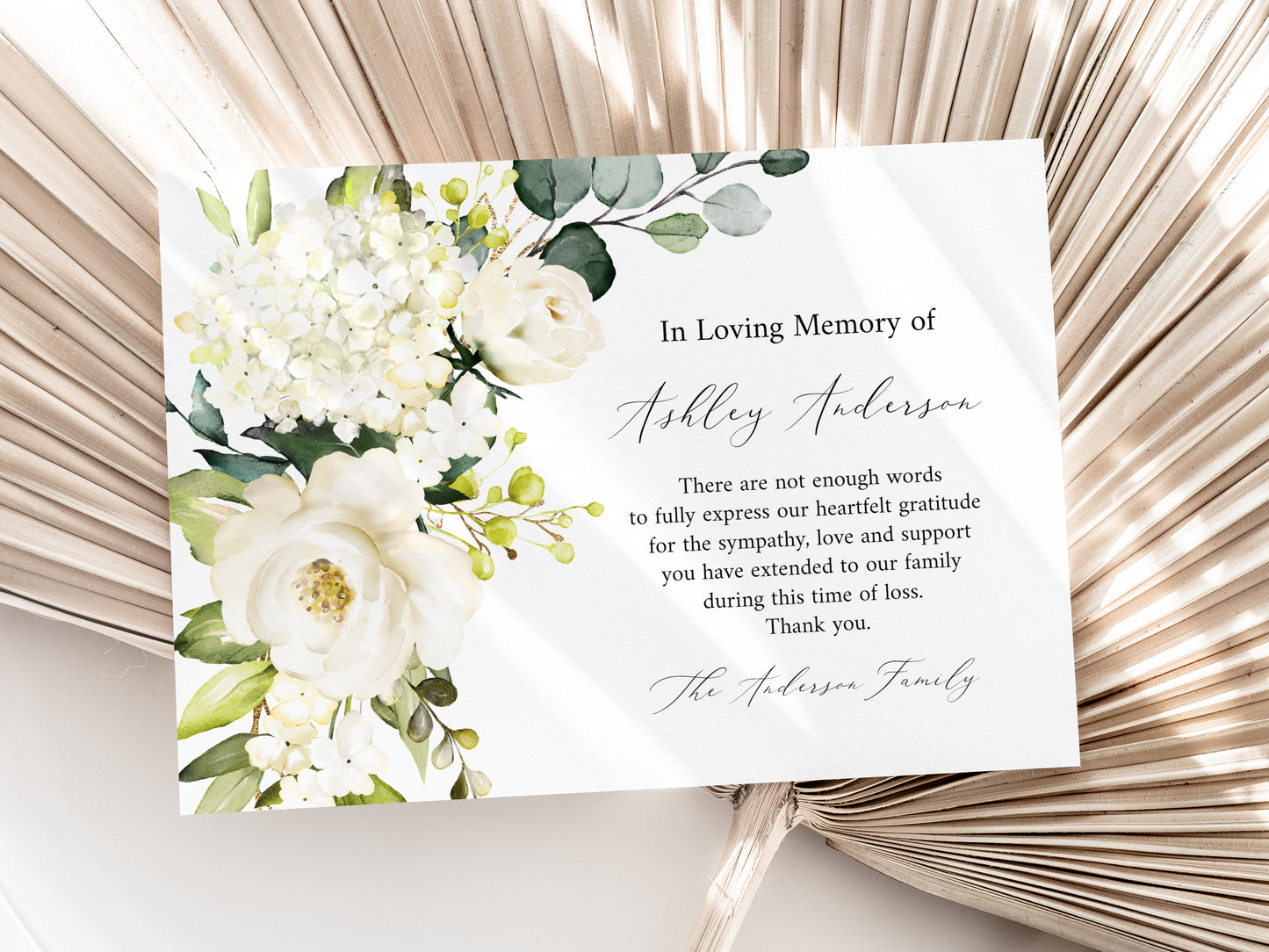 In Loving Memory White Greenery Floral Gold Cross Funeral Thank you Card Template W3