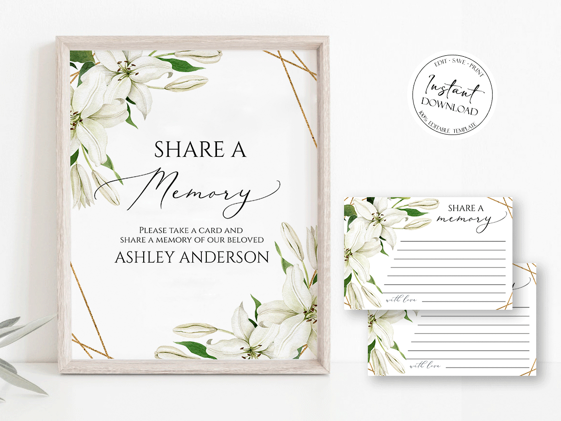 White Lilies Greenery Gold Simple Elegant Share a Memory Funeral Sign and Share a Memory Card Template, Editable Funeral share a memory template, Funeral Template