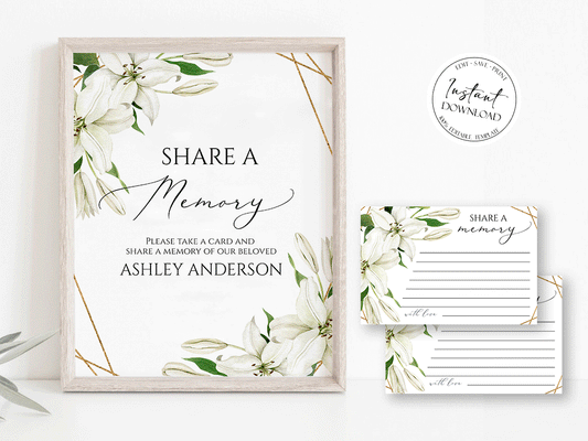 White Lilies Greenery Gold Simple Elegant Share a Memory Funeral Sign and Share a Memory Card Template, Editable Funeral share a memory template, Funeral Template