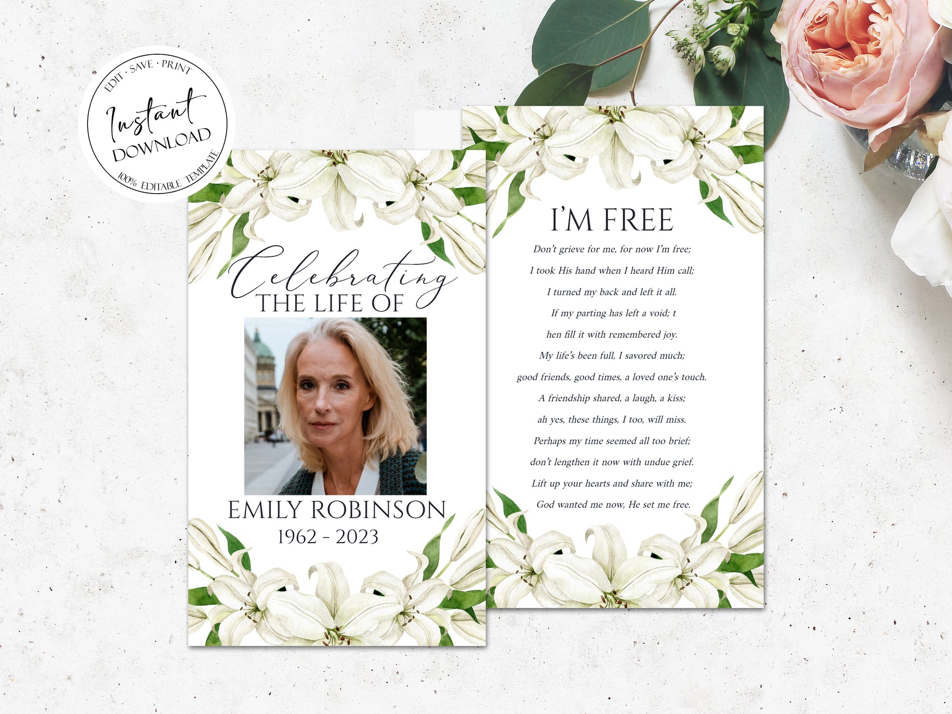 Editable Celebration of Life White Lilies Greenery Gold Funeral Prayer Card Template White Lilies Remembrance Card, Funeral Mass Card, White Lilies Funeral Keepsake