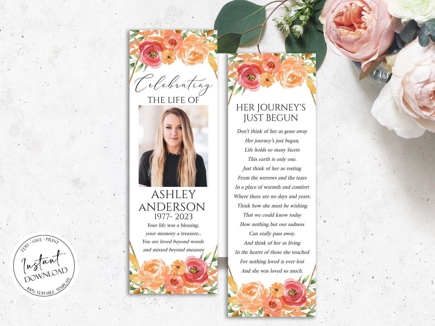 Celebration of Life Orange Floral Gold Fall Funeral Bookmark Template, Autumn Funeral Keepsake Card Orange Memorial Bookmark Fall Celebration of Life Bookmark