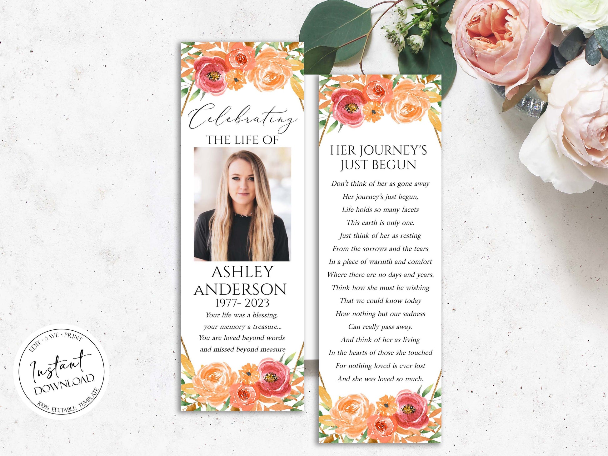 Celebration of Life Orange Floral Gold Fall Funeral Bookmark Template, Autumn Funeral Keepsake Card Orange Memorial Bookmark Fall Celebration of Life Bookmark