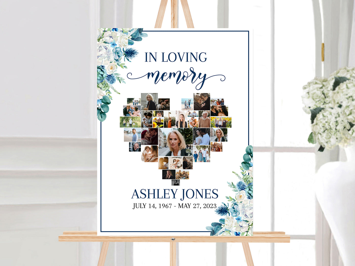 Celebration Of Life Heart Photos Funeral Welcome Sign, In Loving Memory Blue White Floral Heart Photo Collage Funeral Welcome Sign Template, Blue In loving Memory Sign B1