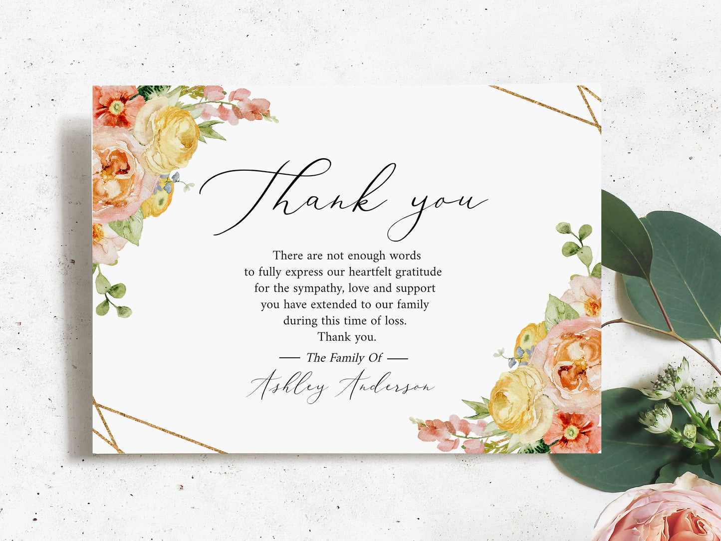 Celebration of life Elegant Yellow Pink Floral Funeral Thank You Card Template, Printable Elegant Yellow Pink Floral Memorial Card, Editable Elegant Sympathy Cards