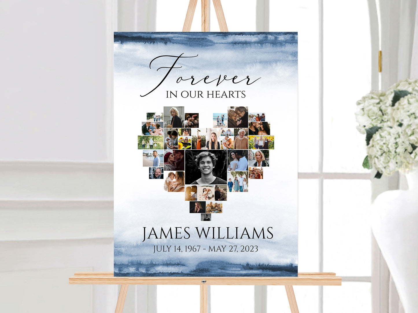 Celebration Of Life Blue Watercolor Funeral Poster, Editable 5 Photo Collage Funeral Welcome Signs, Blue Watercolor Heart Photo Collage 5 Funeral Welcome Sign Templates Forever in our Hearts B4