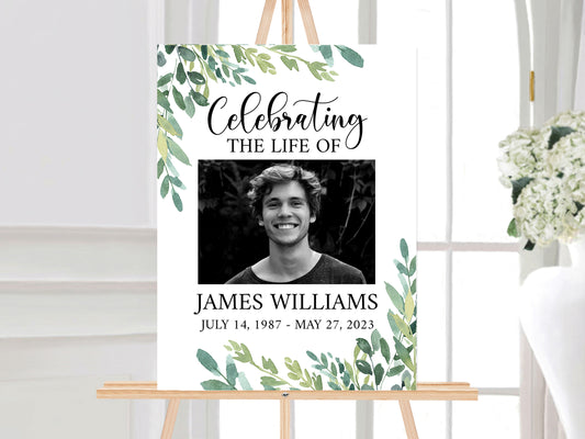 Celebration Of Life Greenery Funeral Welcome Sign Template, Greenery Funeral Poster, Printable Obituary Sign, Greenery Memorial Sign G2