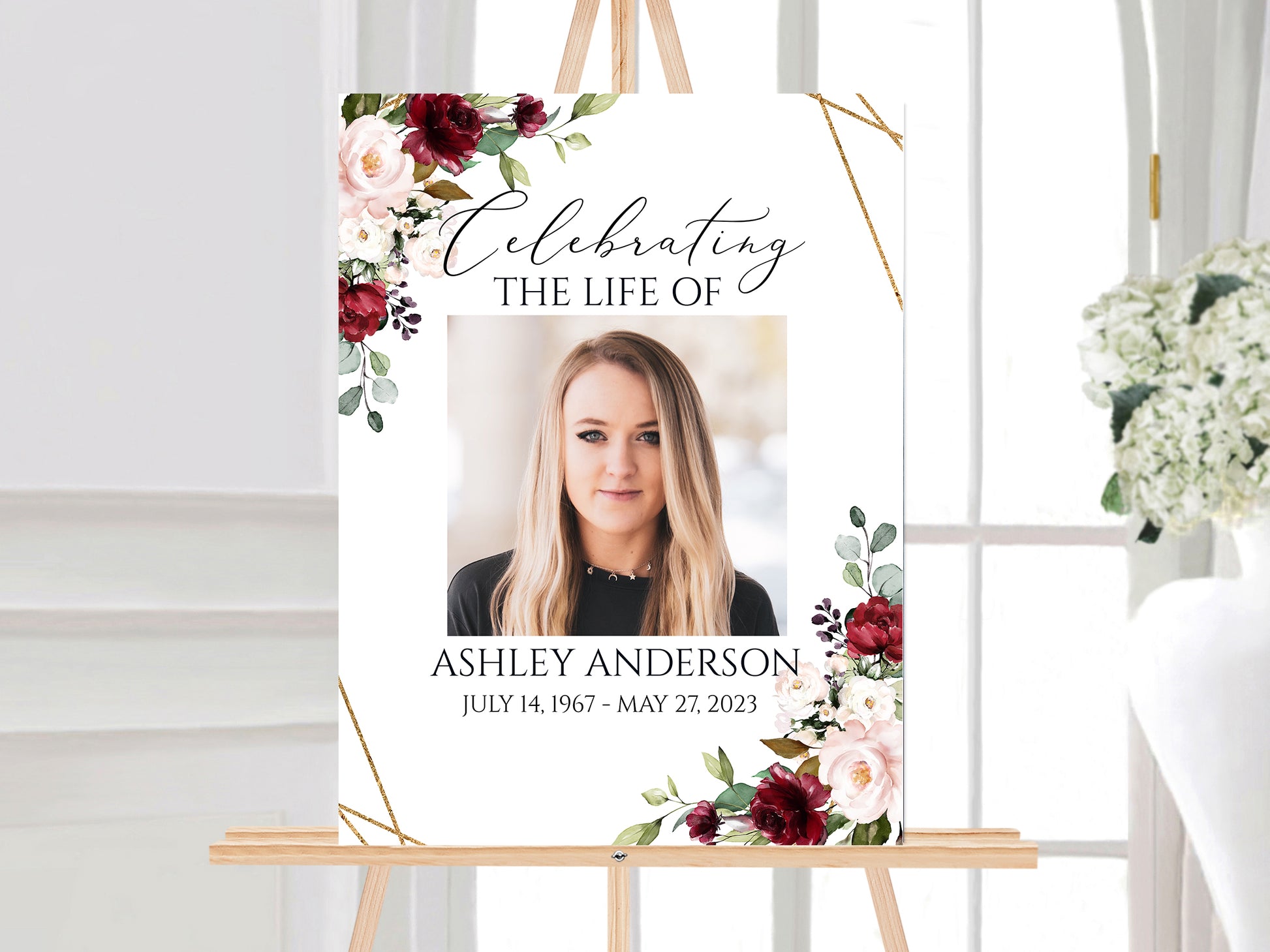 Celebration Of Life Welcome Sign, Red Roses Funeral Welcome Sign, In Loving Memory Sign, Memorial Sign, Funeral Welcome Sign for woman, R1