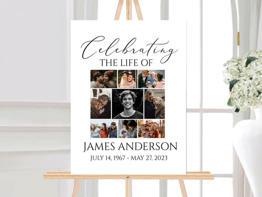 Celebration Of Life Multiple Photos Funeral Welcome Sign, Editable Simple Photo Collage Funeral Poster, Photo Collage Memorial Service Sign S1