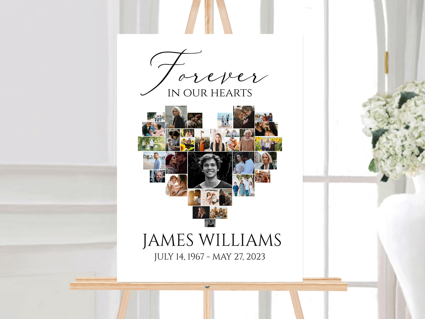 Simple Elegant Heart Photo Collage 5 Funeral Welcome Sign Templates Forever in our Hearts S1