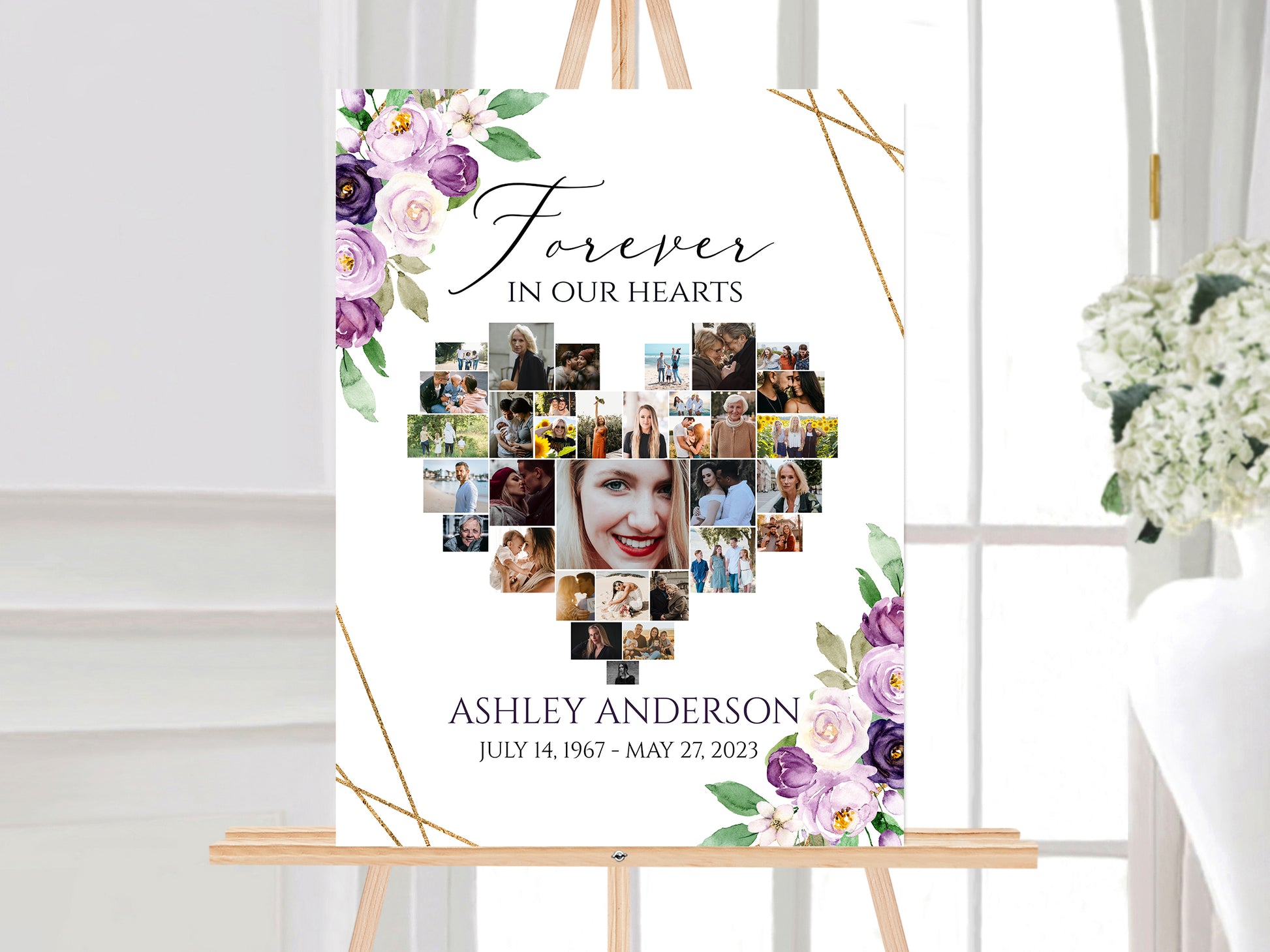 Celebration Of Life Heart Funeral Welcome Sign Editable Purple Floral Hearts Memorial Photo Collage Poster Forever in our Hearts Memory Sign p1