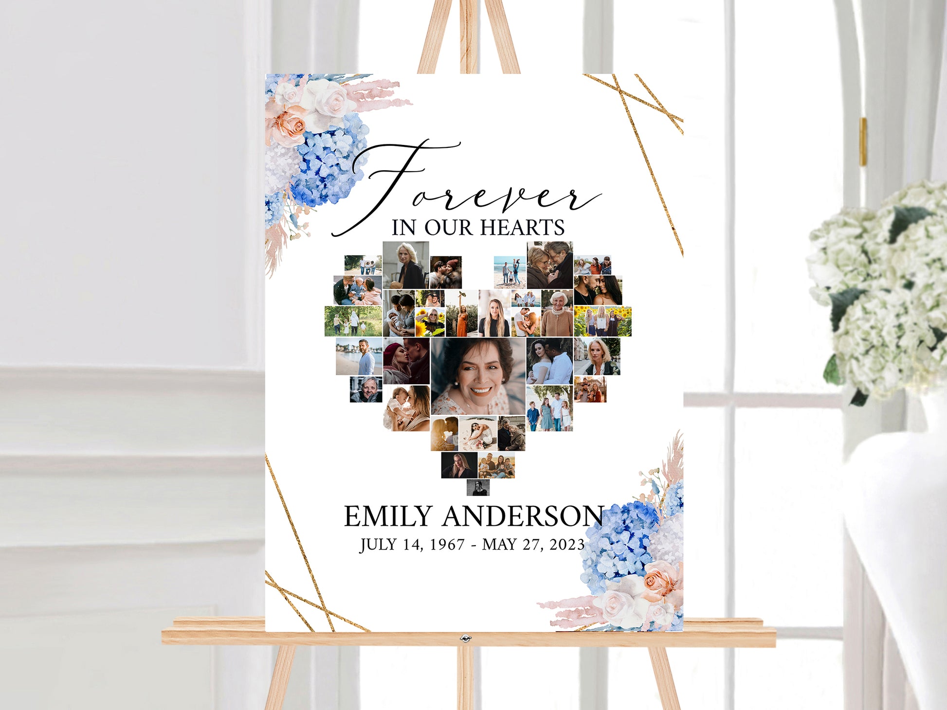 Forever in our Heart Blush Roses White Blue Hydrangea Heart Photo Collage Funeral Welcome Sign Template, Heart Memorial Photo Collage Poster Memory Sign O1