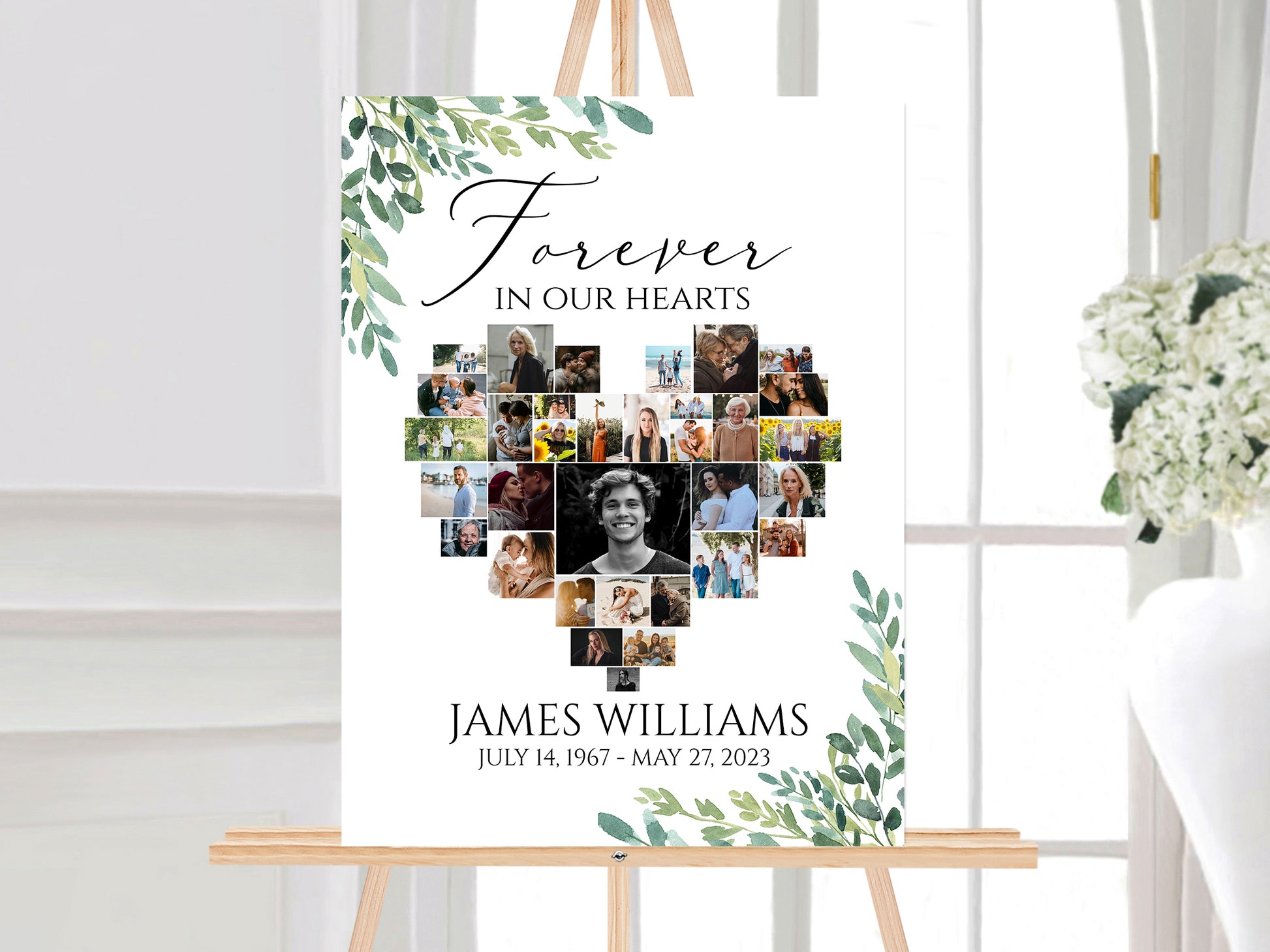 Celebration Of Life Forever in our Hearts Watercolor Greenery Heart Photo Collage Funeral Welcome Sign Template, Editable Greenery Heart Funeral Photo Collage Poster, Memorial Sign G2