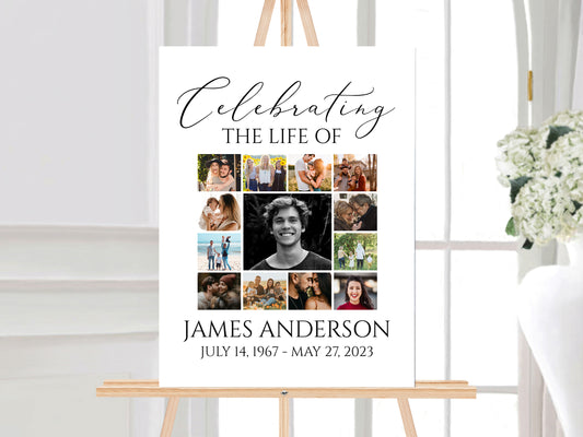 Celebration Of Life Multiple Photos Funeral Welcome Sign, Editable Simple Collage Funeral Poster, Photo Collage Memorial Service Sign S1