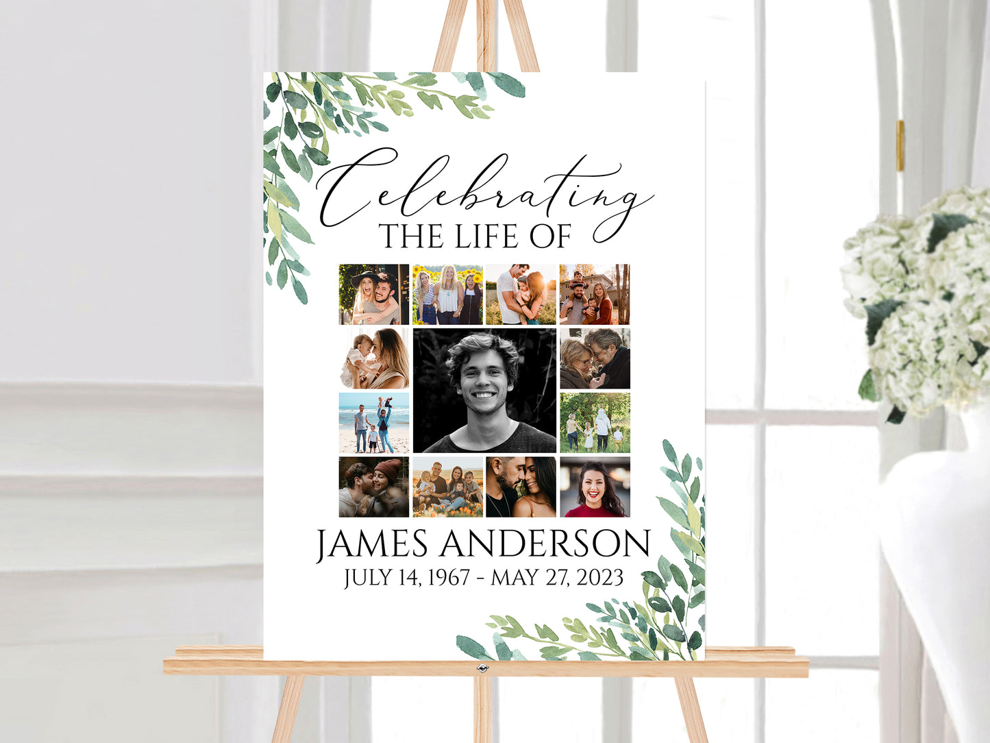 Celebration Of Life Watercolor Greenery Photo Collage Funeral Welcome Sign Template, Greenery Photo Collage Funeral Poster, Photo Collage Memorial Sign G2