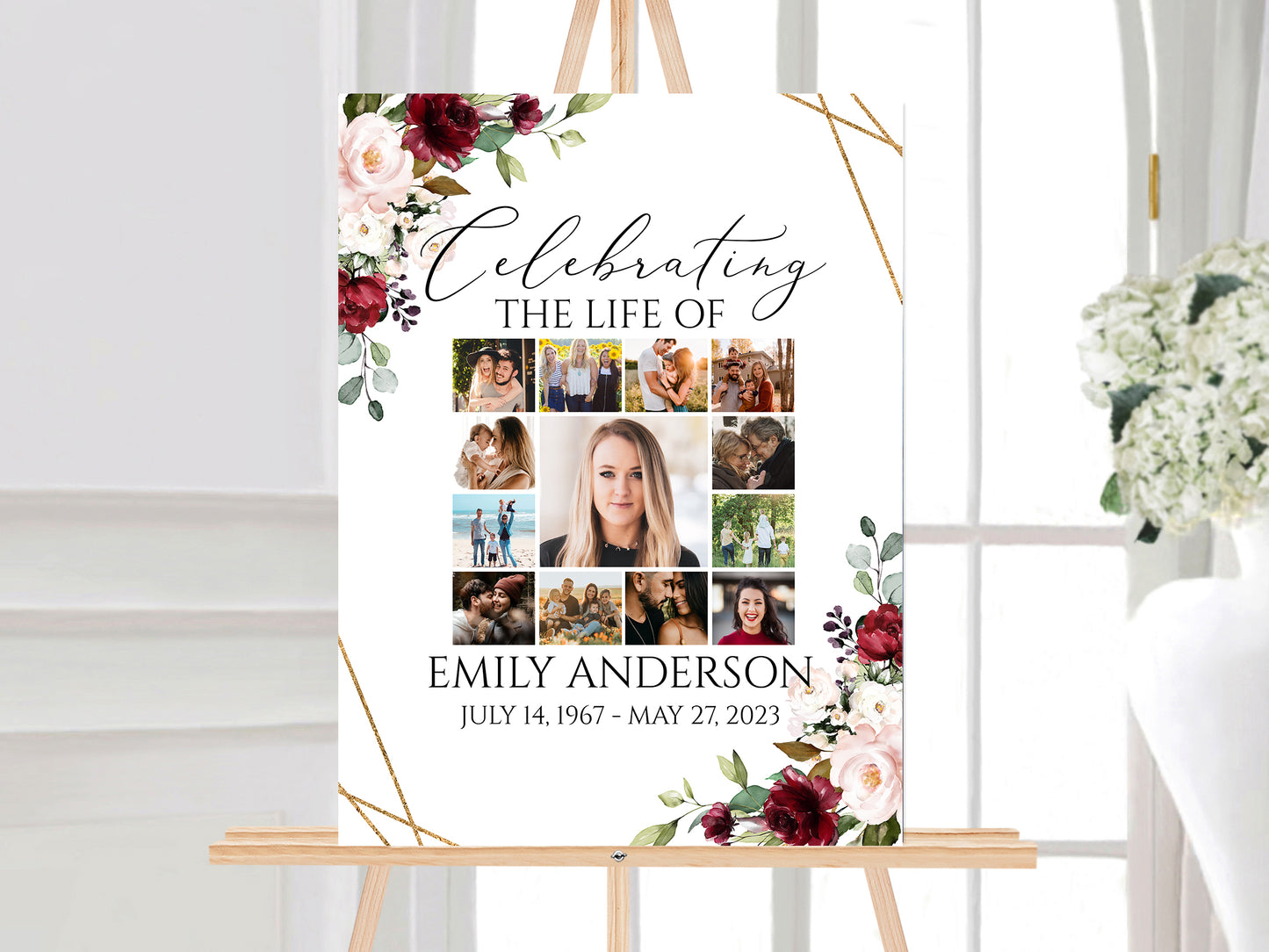 Celebration Of Life Roses Photo Collage Funeral Welcome Sign, Red Roses Photo Collage Funeral Poster, Photo Collage Memorial Service Sign R1