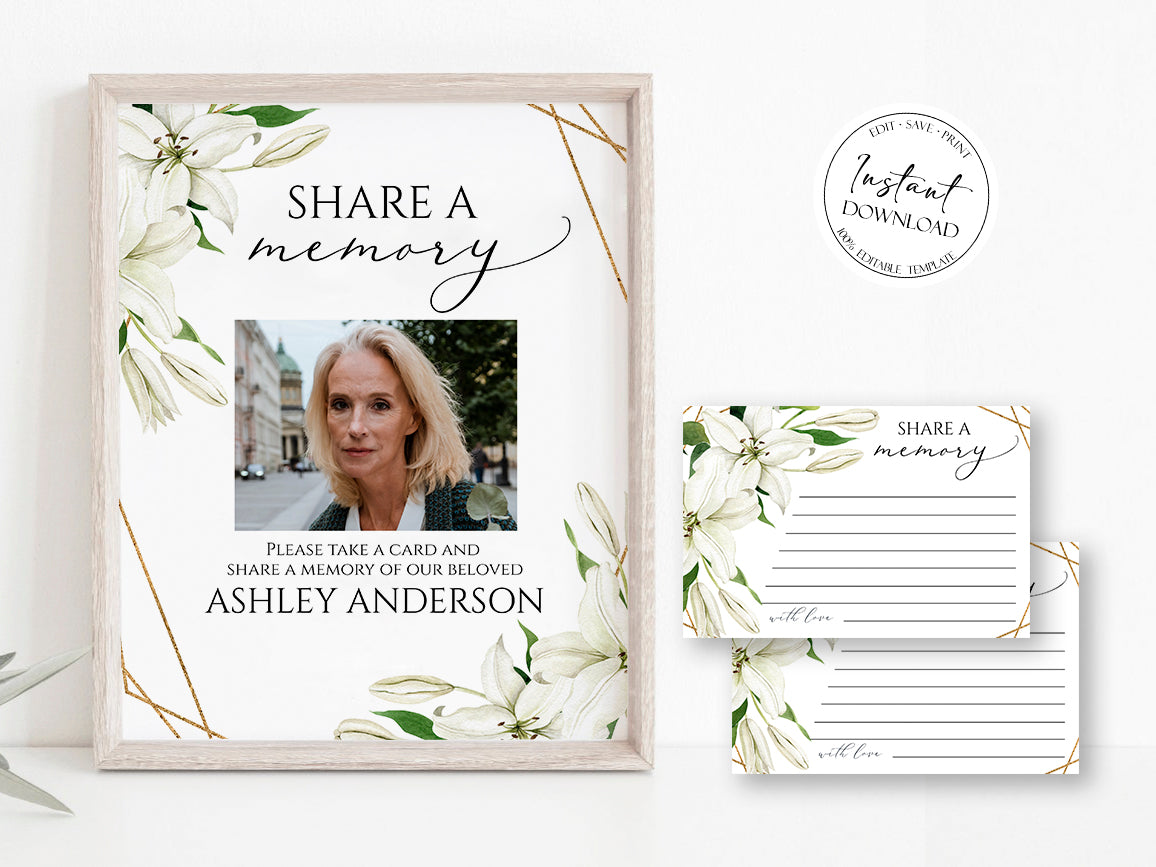 White Lilies Greenery Gold Simple Elegant Share a Memory Funeral Sign and Share a Memory Card Template, Editable Funeral share a memory template, Funeral Template