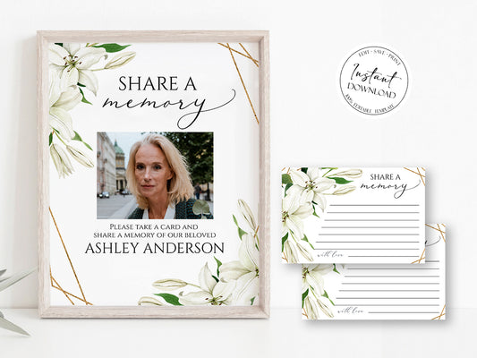 White Lilies Greenery Gold Simple Elegant Share a Memory Funeral Sign and Share a Memory Card Template, Editable Funeral share a memory template, Funeral Template