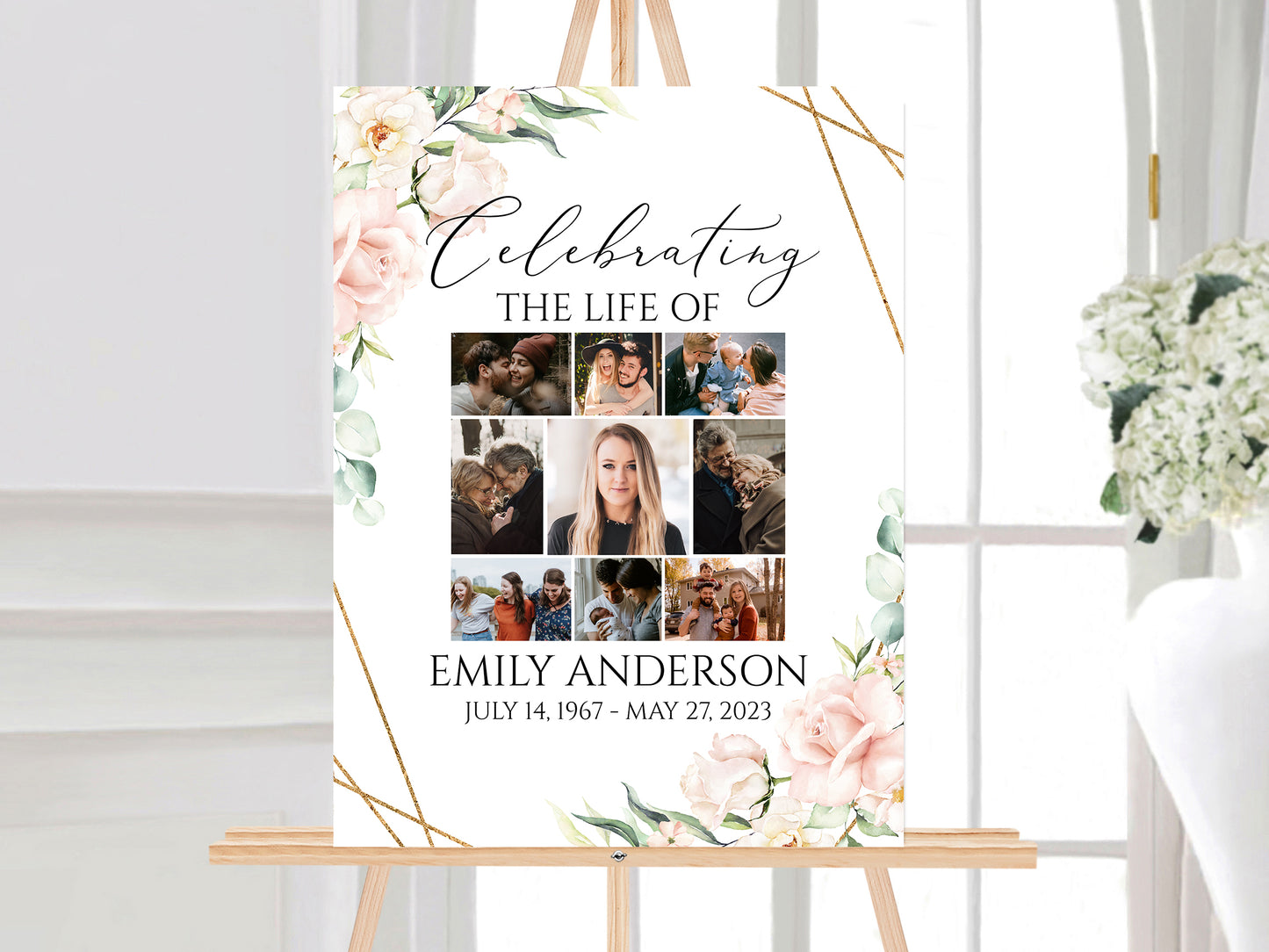 Celebration Of Life Photo Collage Funeral Welcome Sign, Blush Pink Flowers Photo Collage Funeral Poster, Photo Collage Memorial Sign P4