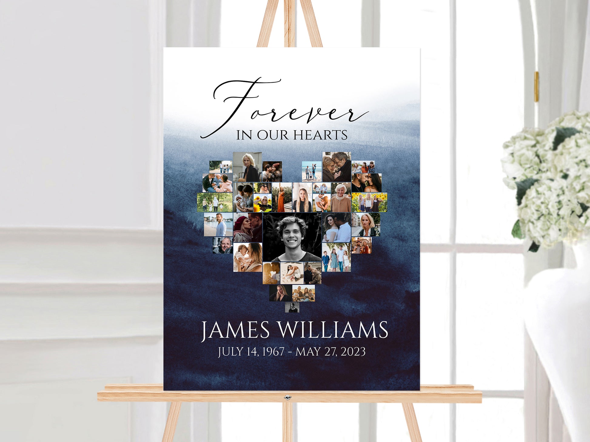 Celebration Of Life Blue Watercolor Ocean Funeral Poster, Editable Blue Watercolor Heart Photo Collage 5 Funeral Welcome Sign Templates Forever in our Hearts B5