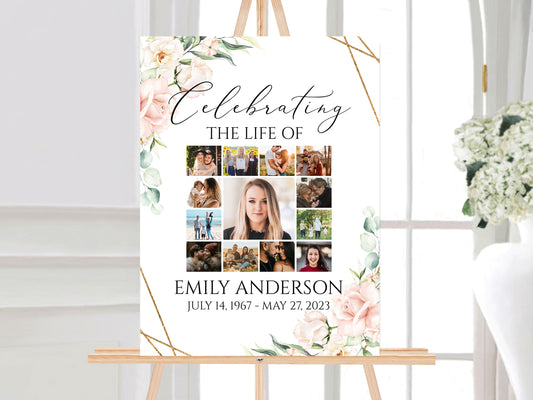 Celebration Of Life Photo Collage Funeral Welcome Sign, Blush Pink Flowers Photo Collage Funeral Poster, Photo Collage Memorial Sign P4