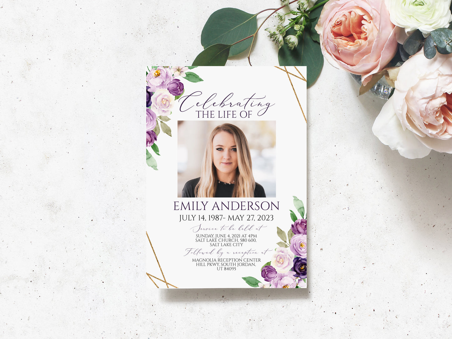 Celebration of life Invitation, Funeral Invitations, Purple Funeral Announcement, Funeral Card Template, Purple Memorial Service Invitation, P1