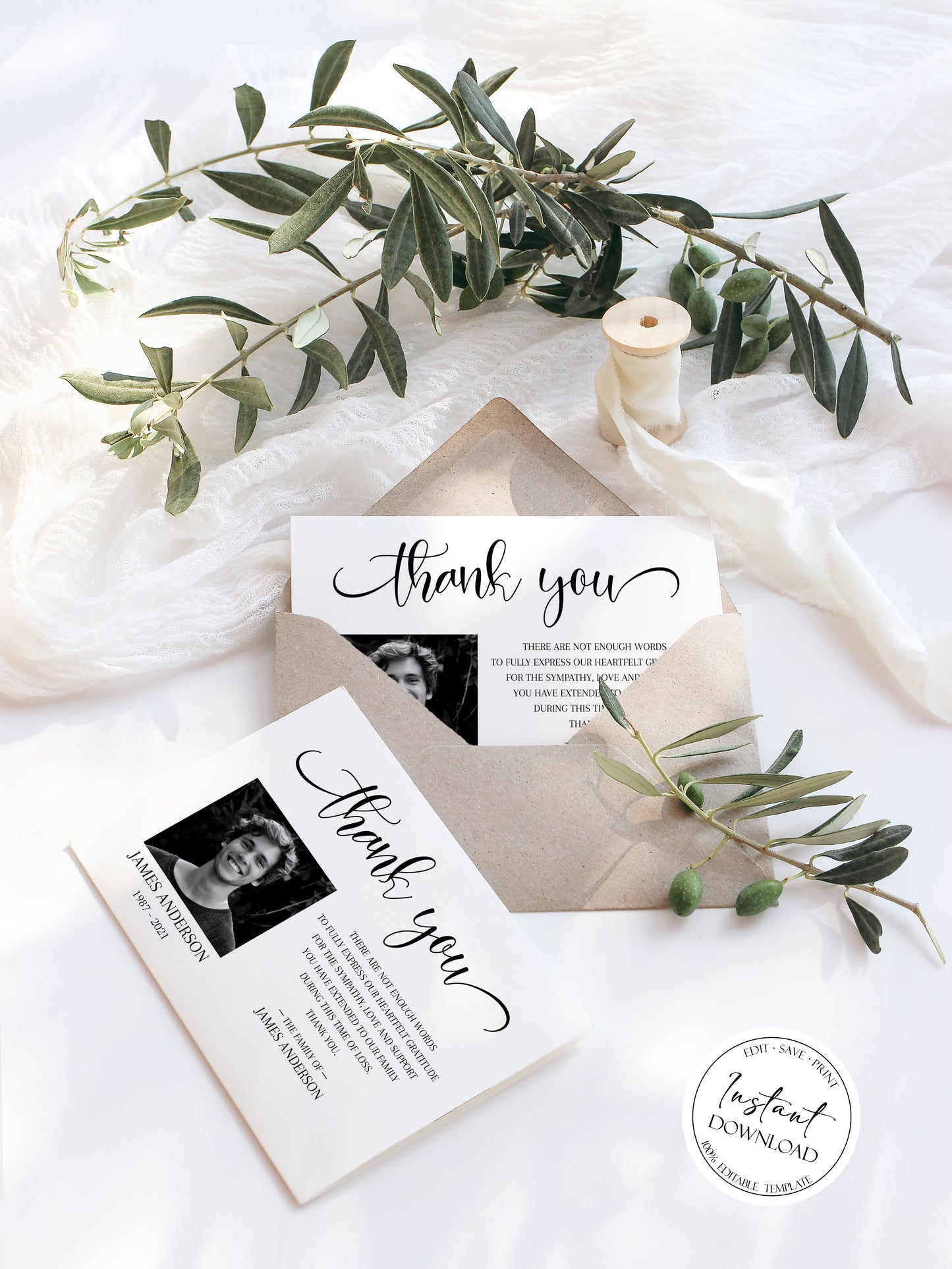 Celebration of life Simple Elegant Photo Funeral Thank you Card Template, Memorial Card, Printable Thank You Card Template, Editable Sympathy Card S2