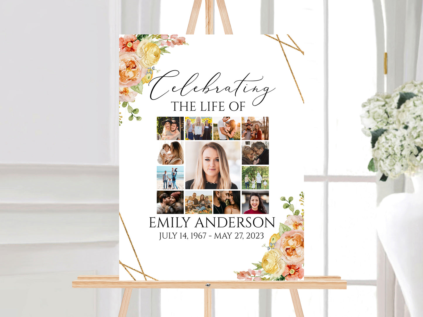 Celebration Of Life Elegant Yellow Pink Floral Photo Collage Funeral Welcome Sign Yellow Pink Photo Collage Funeral Poster, Yellow Pink Photo Collage Memorial Sign