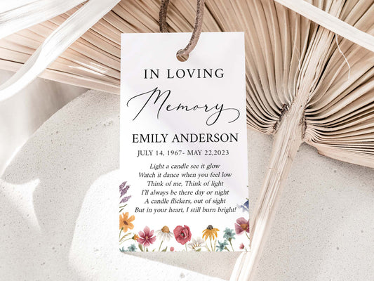 In Loving Memory Red Greenery Wildflower Meadow Funeral Favor Tag Template, Wildflower Memorial Candle Favor Tag, Wildflower Funeral Keepsake Favor