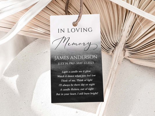 Celebration of life In Loving Memory Black Watercolor Funeral Favor Tag Template, Memorial Candle Favor Tag, Black In Loving Memory Favor Tag, Funeral Keepsake  B6