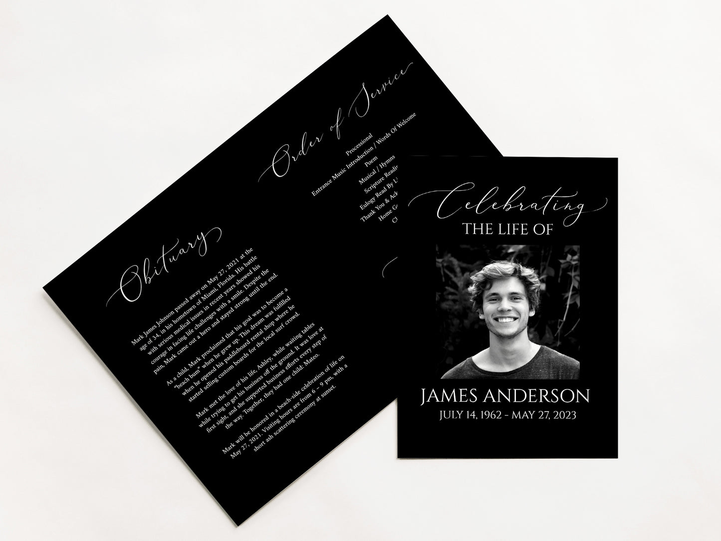 Celebration of Life Minimalist Elegant Black Funeral Program Template, Black Funeral Memorial Program, Black Funeral Program Template for man B7