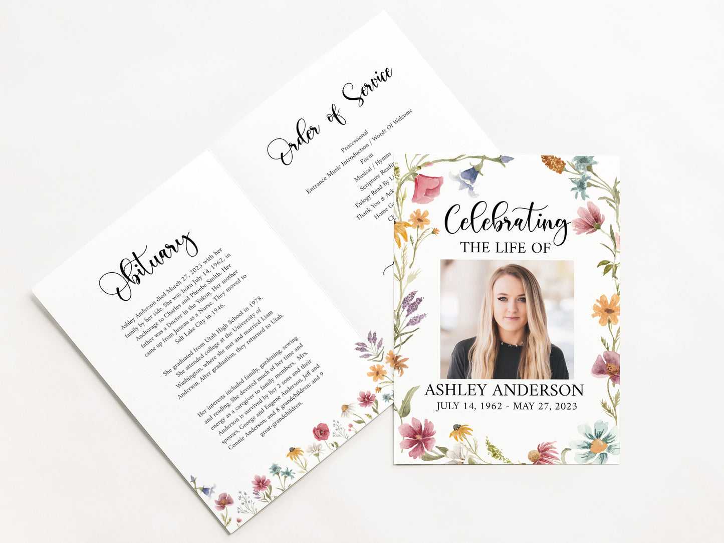 Celebration of life Red Greenery Wildflower Meadow Funeral Program Template , Wildflower Funeral Program Template, Wildflower Memorial Program 