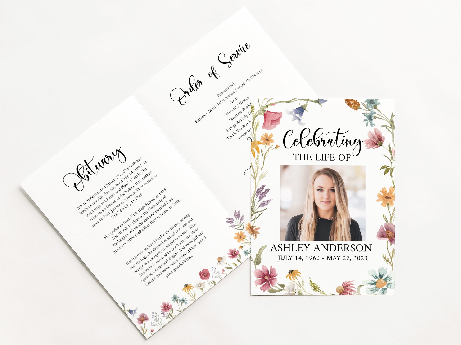 Celebration of life Red Greenery Wildflower Meadow Funeral Program Template , Wildflower Funeral Program Template, Wildflower Memorial Program 