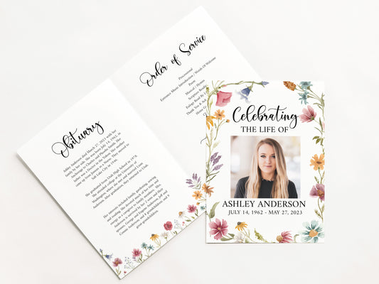 Celebration of life Red Greenery Wildflower Meadow Funeral Program Template , Wildflower Funeral Program Template, Wildflower Memorial Program 