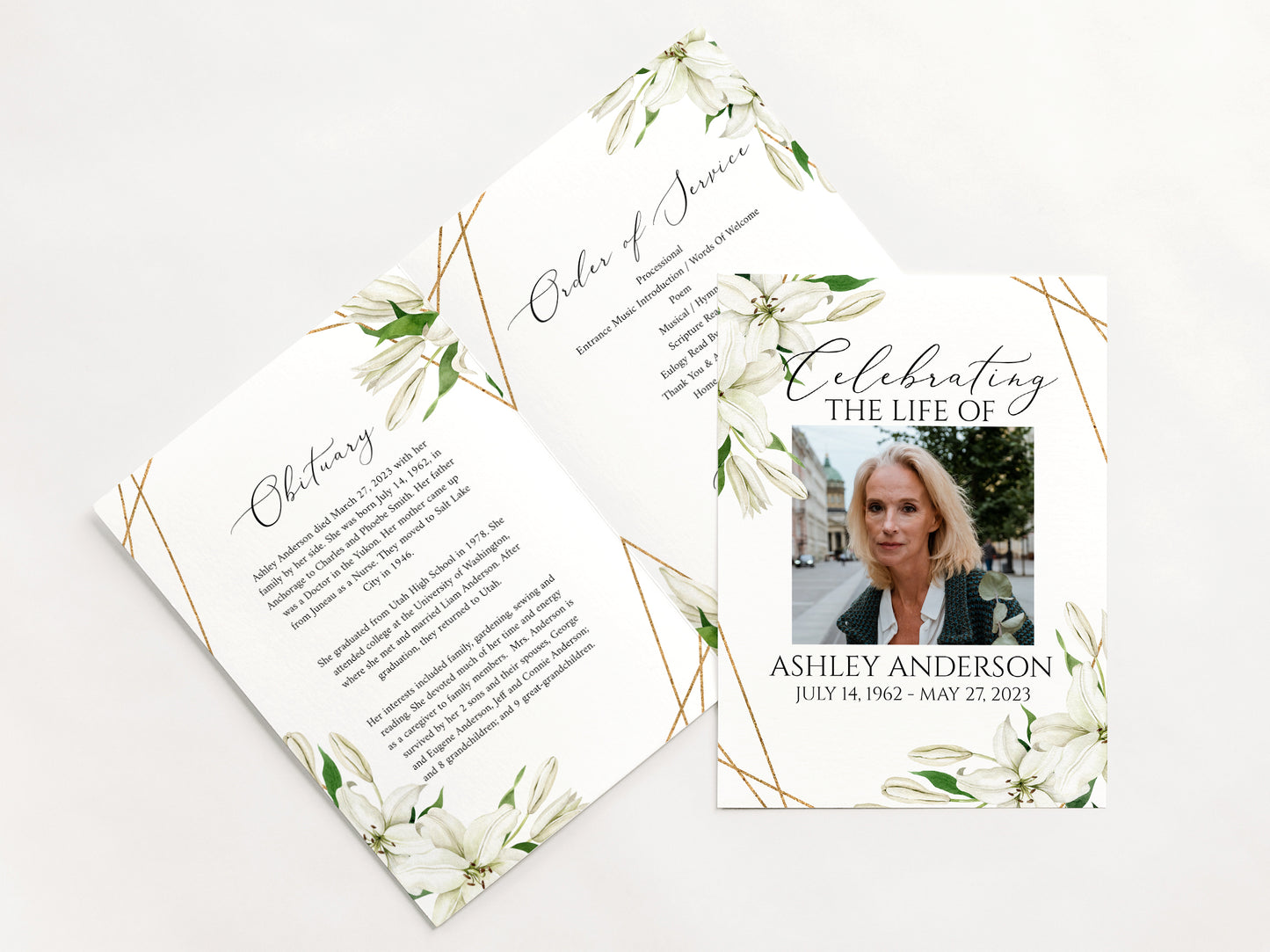 Celebration of Life White Lilies Greenery Funeral Program Template, White Floral Memorial Program, Obituary Program, White Lilies Greenery Funeral Mass Program