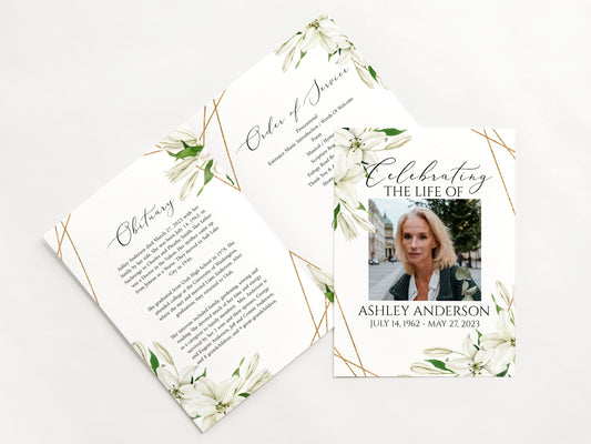 11x17 Celebration of Life White Lilies Greenery Funeral Program Template, White Floral Memorial Program, Obituary Program, White Lilies Greenery Funeral Mass Program