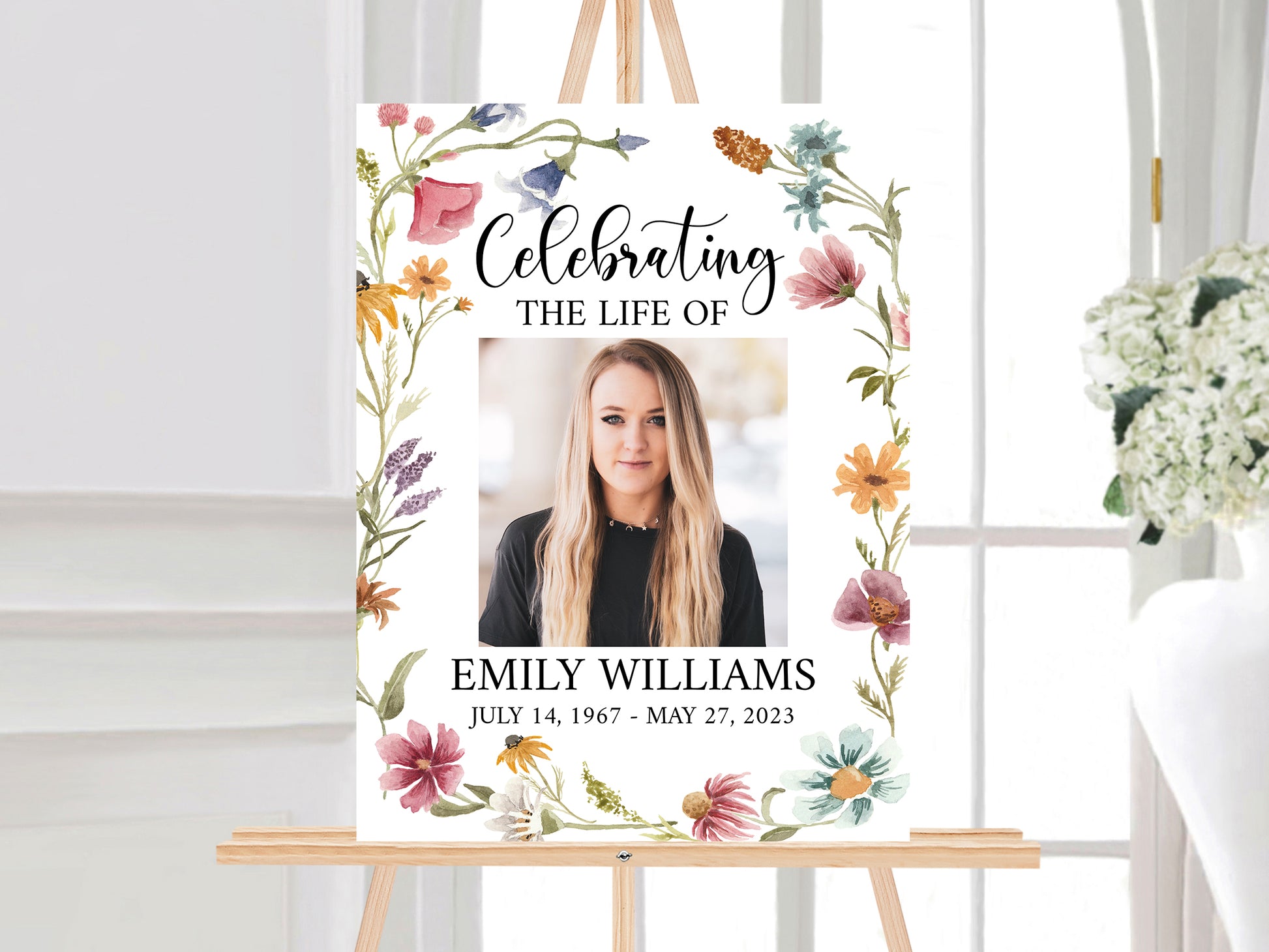 Celebration Of Life Red Greenery Wildflower Meadow Funeral Welcome Sign Template, In Loving Memory Welcome Sign, Wildflower Meadow Memorial Sign