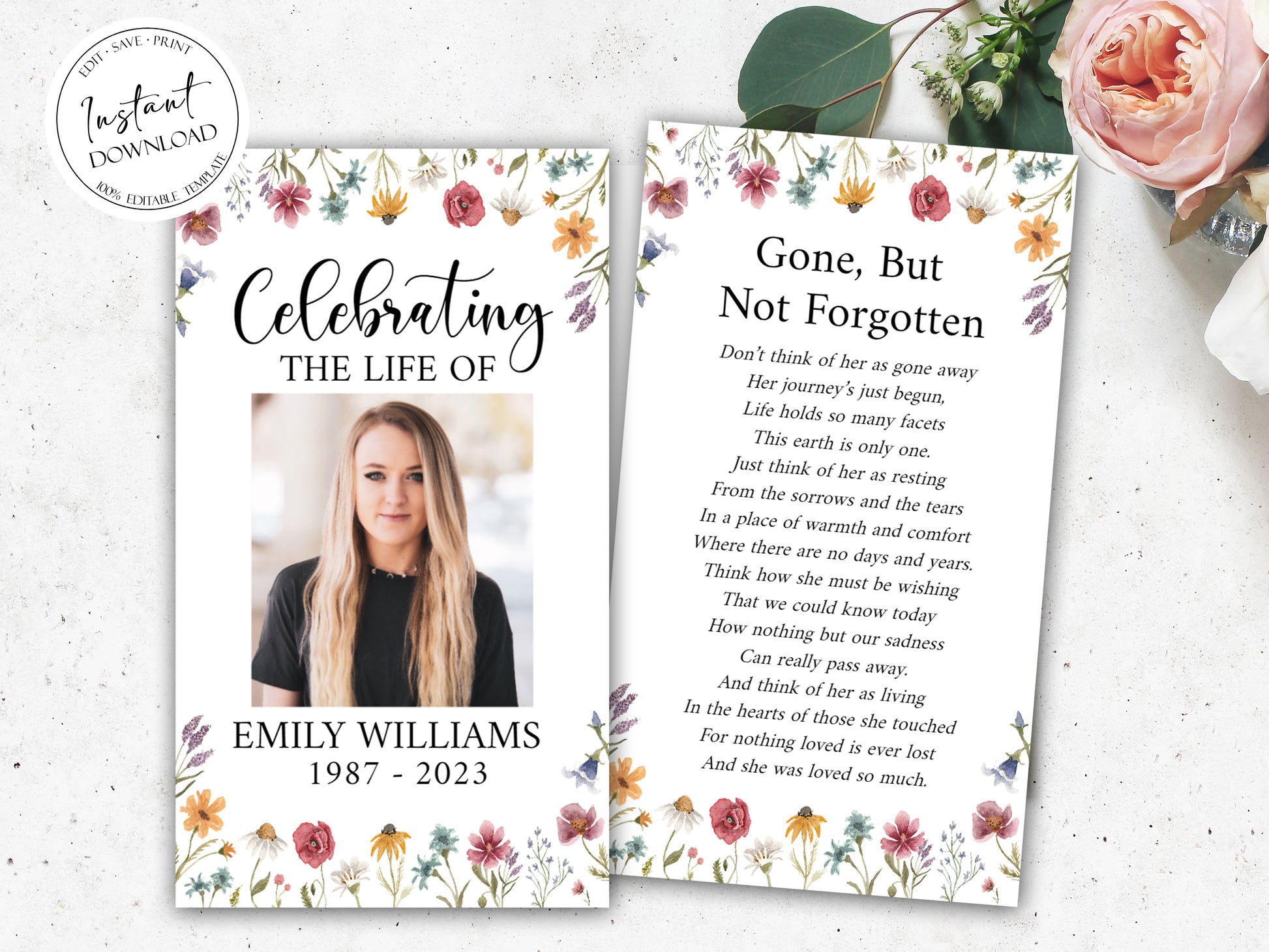 Celebration Of Life Red Greenery Wildflower Meadow Funeral Prayer Card Template, Printable Wildflower Memorial Prayer Card Template, Wildflower Catholic Mass Card