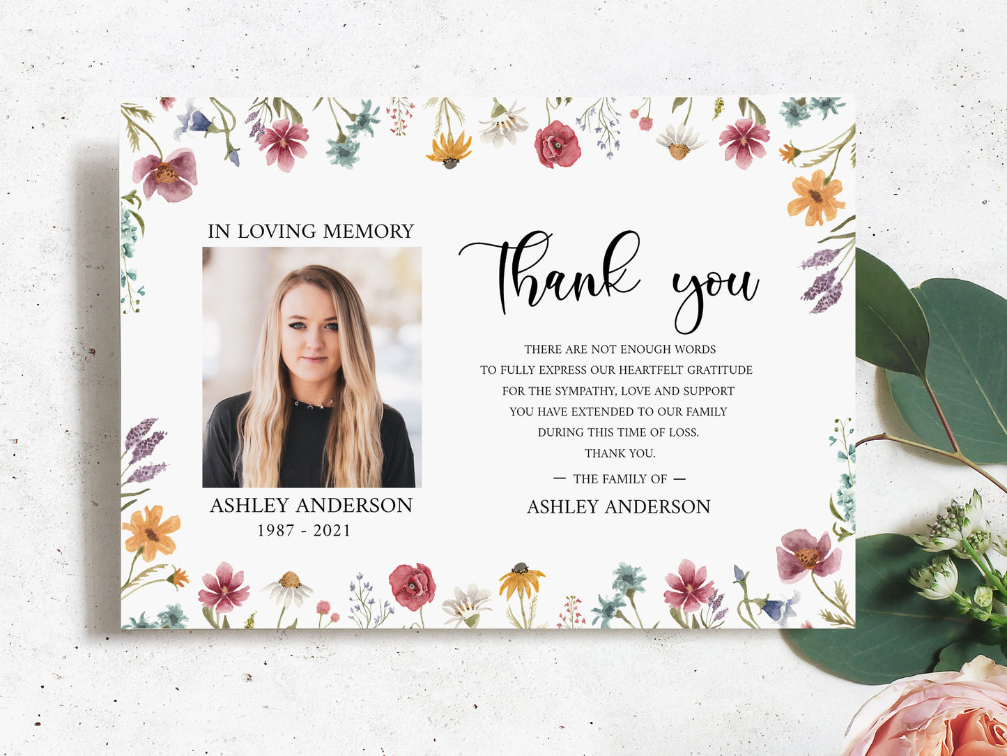 Celebration of life Red Greenery Wildflower Meadow Funeral Photo Thank You Card Template, Wildflower Memorial Thank You Cards, Editable Wildflower Sympathy Card