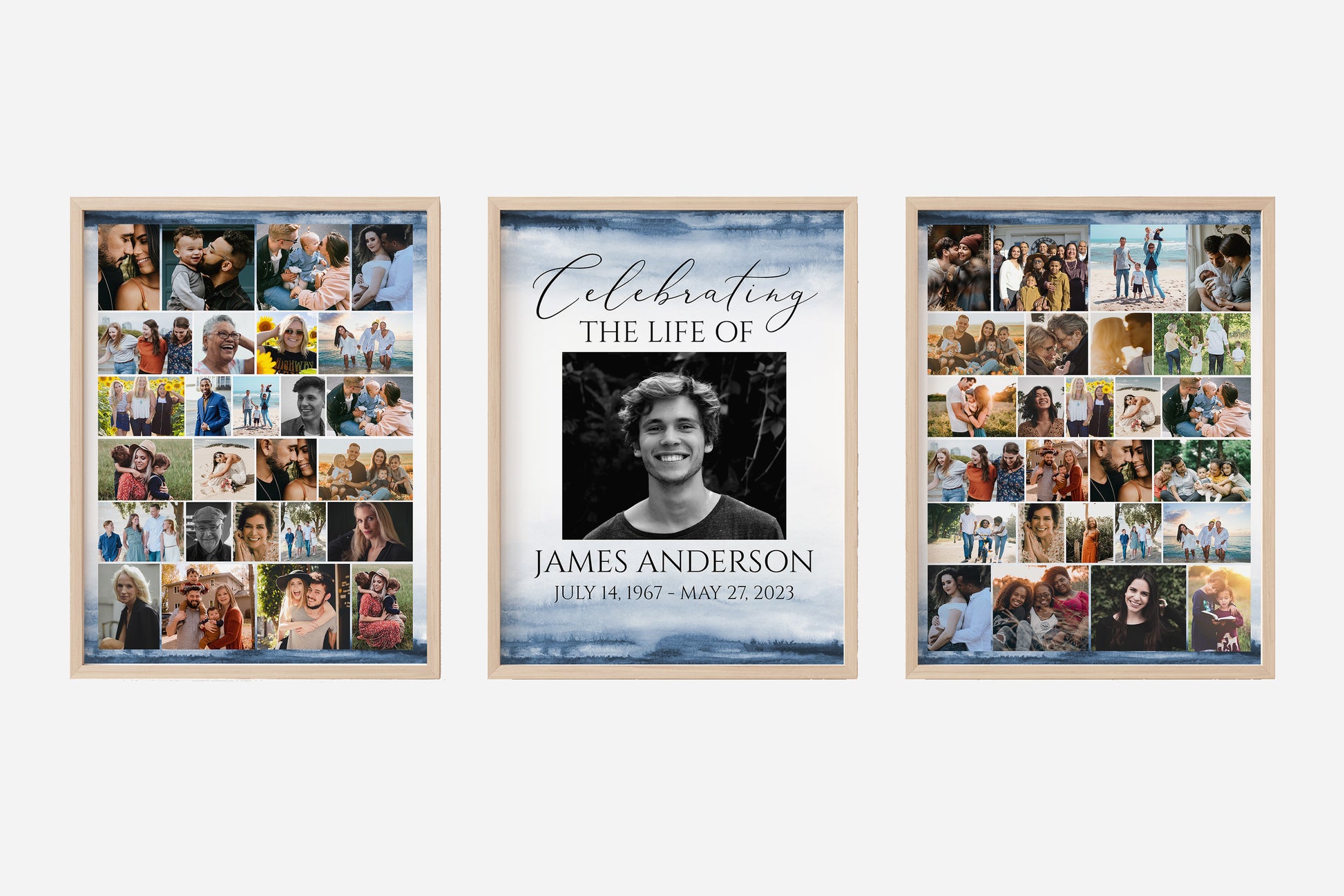 Celebration Of Life Funeral Poster Blue Watercolor Photo Collage Funeral Welcome Sign, Memorial Sign, Funeral Poster Photo Display Set