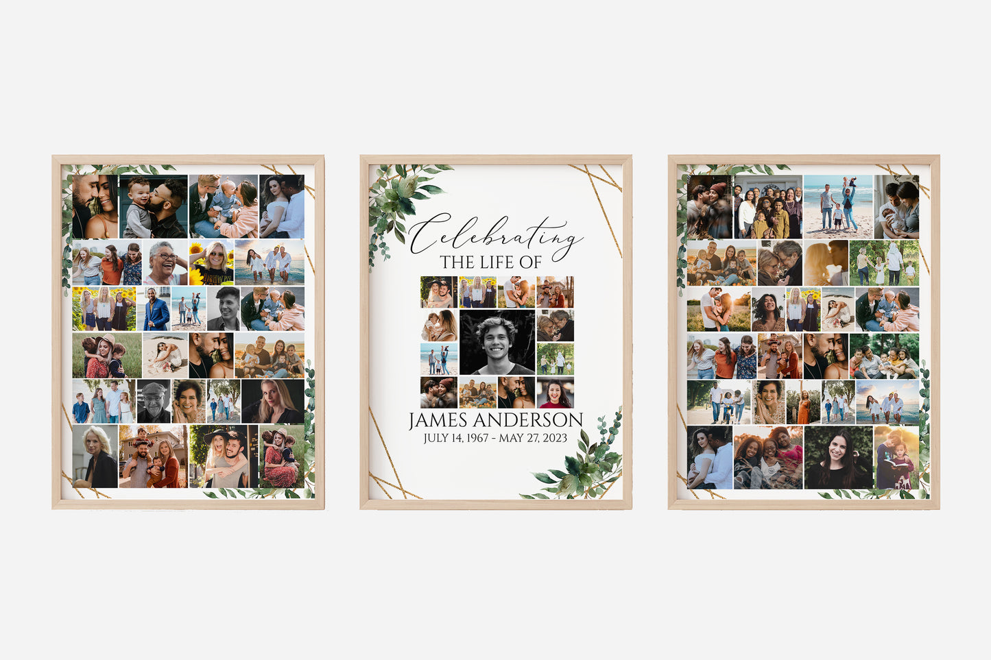 Celebration Of Life Watercolor Greenery Gold Photo Collage Funeral Welcome Sign Templates. Editable Greenery Photo Collage Funeral Poster, Photo Memorial Sign, Funeral Poster Photo Display Set G1