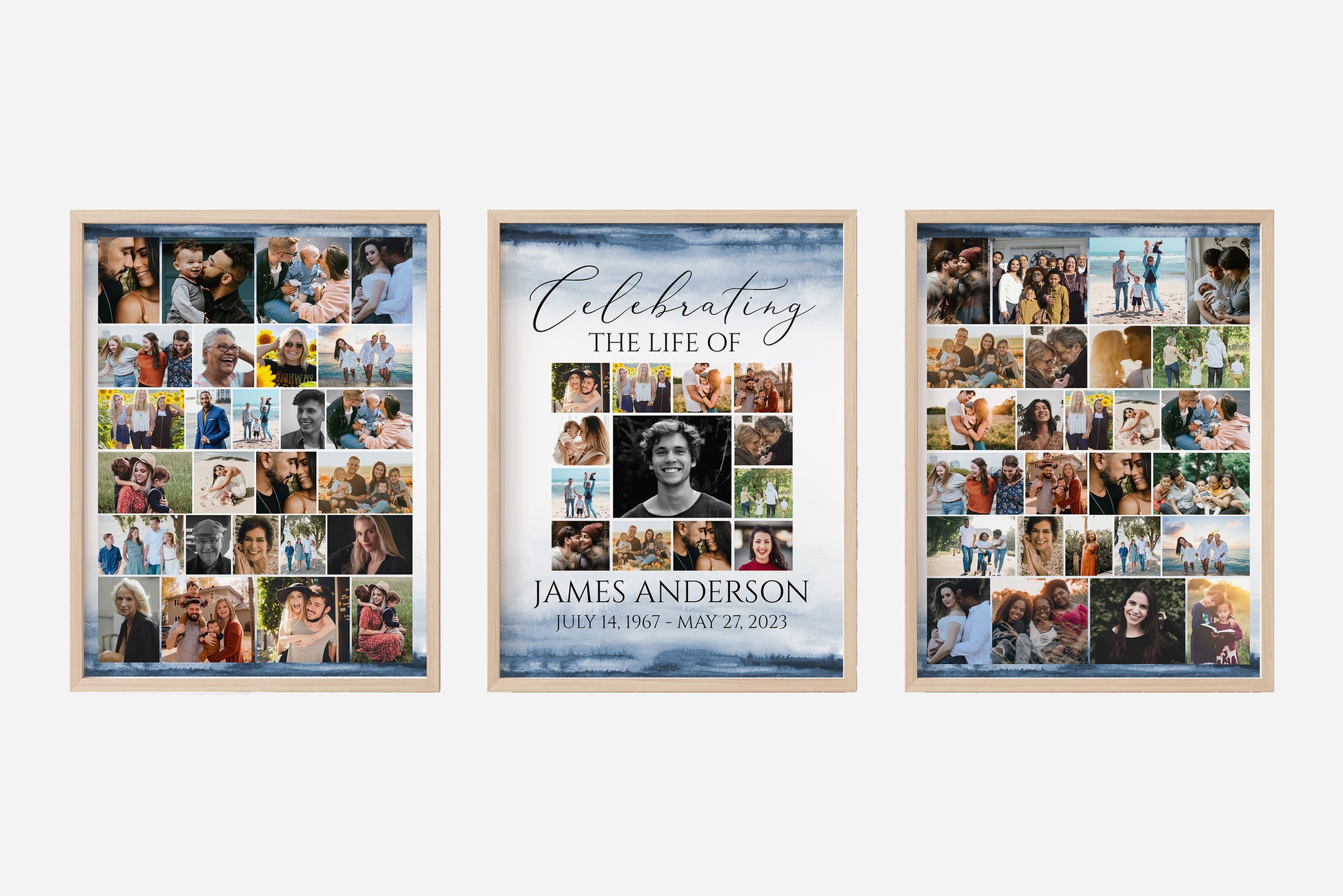 Celebration Of Life Funeral Poster, Blue Watercolor Photo Collage Funeral Sign, Photo Memorial Sign, Ocean Funeral Poster Photo Display Set B5