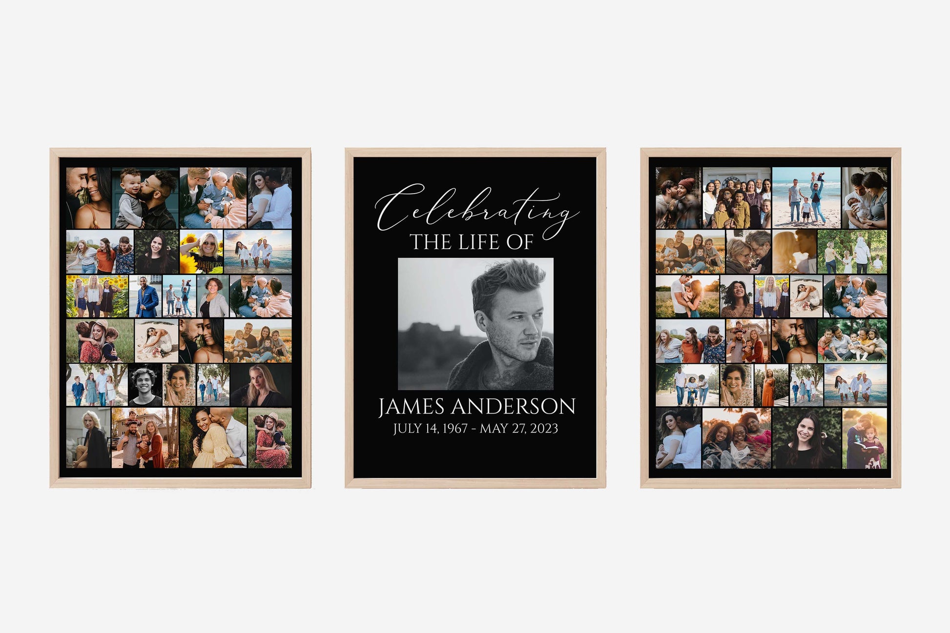 Celebration Of Life Minimalist Elegant Black Photo Collage Funeral Welcome Sign Set Templates, Funeral Poster Photo Display Set, Photo Collage Memorial Service Sign