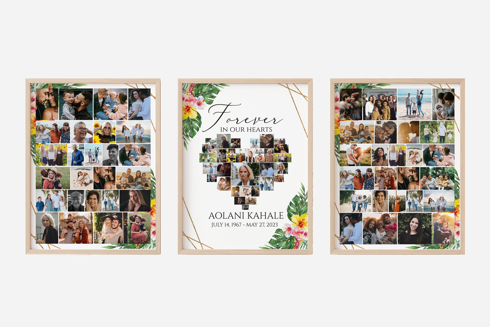 Forever in our Hearts Tropical Hawaiian Plumeria Heart Photo Collage Funeral Welcome Sign Set Templates, Hawaiian Forever in our Hearts Memorial Photo Display Set H1